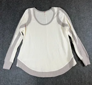 Free People Womens Waffle Knit Thermal Scoop Neck Top‎ Cream Taupe Medium thumbnail 1