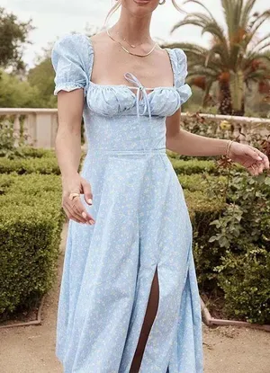 House Of CB 'Tallulah' Blue Ivory Floral Puff Sleeve Midi Dress. Size Small thumbnail 7