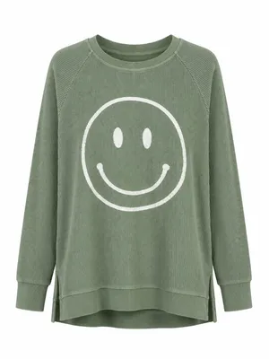 Altar’d State Green Ribbed Smiley Face Oversized Pullover S thumbnail 2