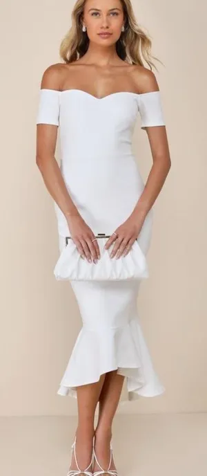 Lulus How Much I Care Ivory Off-the-Shoulder Midi Dress Size XS NWT Bridal Beach thumbnail 1