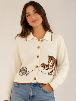 Anthropologie Calligraphie Novelty Knit Cat Sweater Cardigan Grandma Cream L thumbnail 1