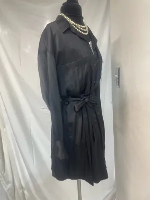 Abercrombie & Fitch Black Satin Button-Front Long Sleeve Shirt Dress w/Tie Belt thumbnail 5