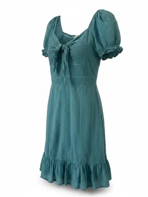 Altar'd State Swiss Dot Smocked Tie-Front Mini Dress Teal Cottagecore Cotton Med thumbnail 3