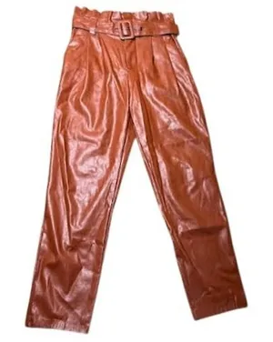 Womens Faux Leather‎ Pants High Waist Brown Paper Bag Waist Belted Trousers thumbnail 1