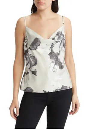 All Saints Hadley Pauline Cowl Neck Floral Print Satin Top Ecru White Size 8‎ thumbnail 1