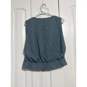 Vintage Wrap Front Cropped Vest Slate Blue Teal Pinstripe Lining Woven Buttons thumbnail 6