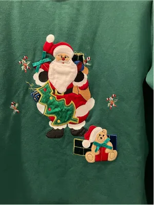 Vintage Bobbie Brooks Christmas Sweatshirt Green Santa Teddy Bear Embroidered M thumbnail 7
