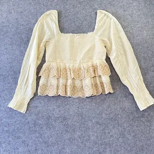 American‎ Eagle Cream Eyelet Embroidered Smocked Peasant Top Prairie Western NWT thumbnail 8