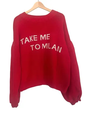 Maeve Red‎ 'Take Me to Milan' Crewneck Cotton Knit Relaxed Sweater Size XL thumbnail 1
