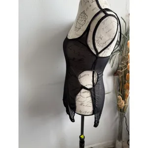 Victorias Secret Black‎ Sheer Mesh Script Print Chemise Side Cut Out Lace Trim S thumbnail 3
