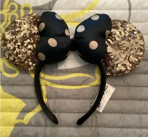 NWOT Disney Parks Minnie Mouse ear headband gold sequined black bow n polka dots thumbnail 1