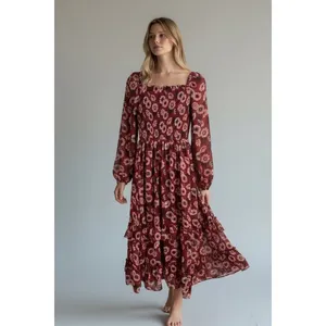 Teens Burgundy Floral Print Square Neck Long Sleeve‎ Tiered Ruffle Midi Dress 16 thumbnail 2