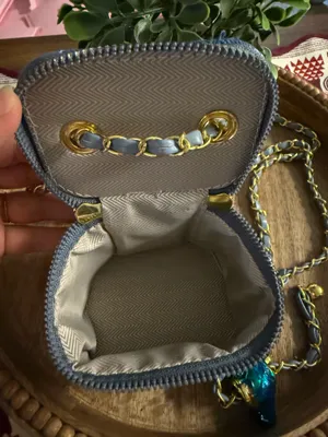 Denim Quilted Crossbody Bag with Gold Flower Charm thumbnail 2