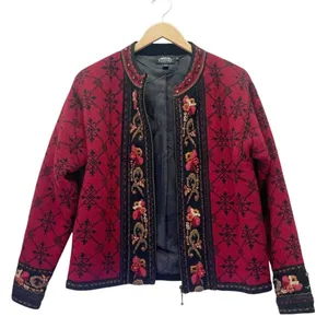 Icelandic Design Wool Cardigan Sweater M Red Nordic Embroidered Floral Full Zip thumbnail 3