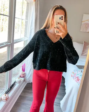 Entro Black Chenille V-Neck Off the Shoulder Oversized Sweater thumbnail 5