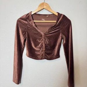 PAC Cares Brown Ribbed Velvet‎ Ruched Button Up Cropped Top Small thumbnail 4