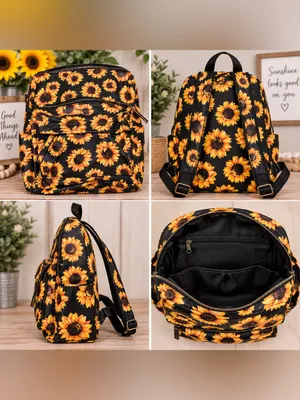 Sunflower Print Black Backpack - Floral Women's Bag thumbnail 2