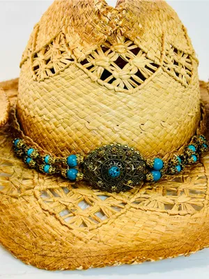 Scala Women’s Cattlemen Western Hat, 100% Rafia with Turquoise Beaded Design, OS thumbnail 4