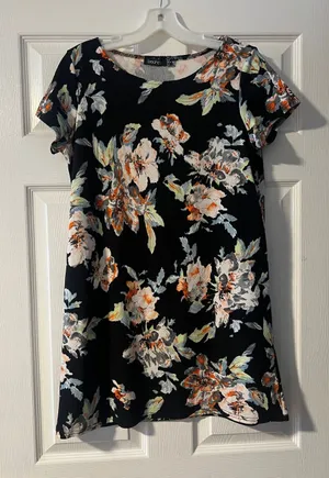 Boohoo Black Floral Mini Dress with Orange and Cream Blooms thumbnail 1