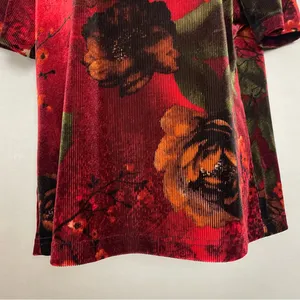 Vintage Floral Top Velvety Ribbed Short Sleeves Deep Red Mock Neck‎ Women Medium thumbnail 5
