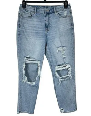 American Eagle SZ 10 SHORT Mom Jeans Distressed Hi-Rise Zip-Fly Light Wash Blue thumbnail 1