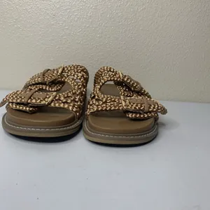 Joie Slide Sandals Woven Braided Crochet Tan Bronze Metallic Gold Buckle Sz 10 thumbnail 3