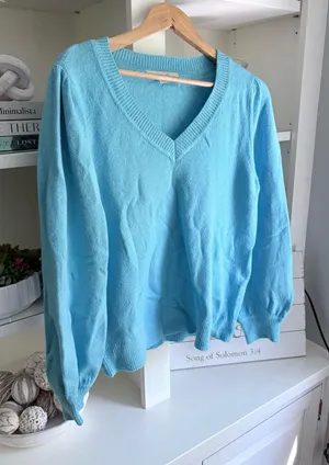 Loft light blue vneck knit sweater thumbnail 1
