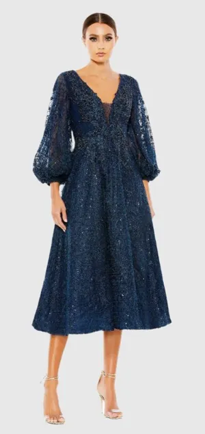 Mac Duggal 20391‎ Embellished Plunge Neck Bishop Sleeve Dress Sz 4 Midnight thumbnail 1