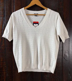 Splendid Cream Short-Sleeve Pointelle V-Neck Sweater Knit Top Medium thumbnail 1