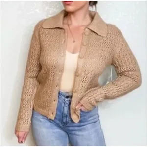 Joie Brown‎ tan Crochet Collar Button Front Cardigan Sweater Top Size S thumbnail 1