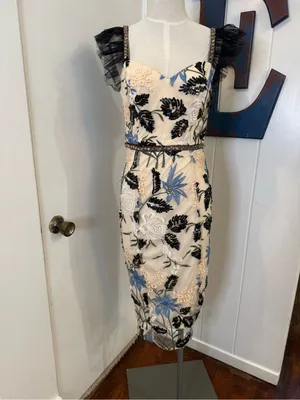 Lulu's Cream Midi Dress with Blue Floral Embroidery and Black Leaf Detail Sz S thumbnail 4