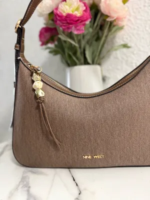 Nine West Brown Canvas Hobo Shoulder Bag with Tassel Charm thumbnail 3