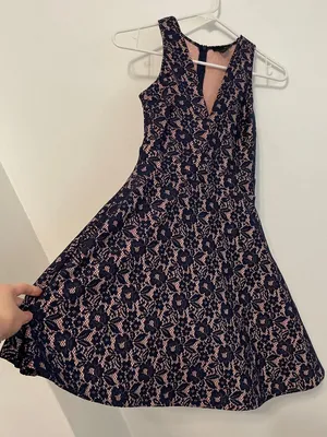 AQUA Navy Blue Lace Light Pink Lining V-Neck Sleeveless Fit Flare Skater Dress thumbnail 8