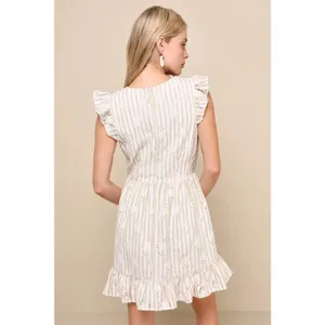 Lulus Sunny Crush NWT M Beige Ivory Striped Embroidered Ruffle Mini Dress Boho thumbnail 2