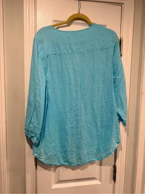 JM Collection Size 14 Aqua Blue Linen Button Down Collarless Beachy Tunic Top thumbnail 7