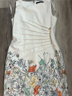 Ivanka Trump Floral Sheath Dress Womens Size 14 Ivory Sleeveless Gold Zipper thumbnail 4