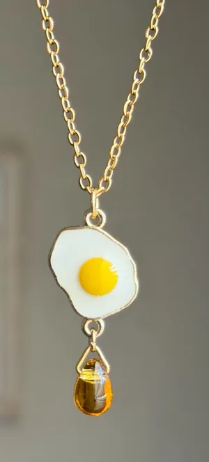 Handmade Kawaii funny funky sunny side up egg & amber color teardrop bead necklace 🍳💛 thumbnail 1