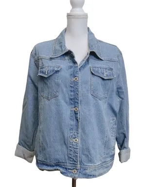 PB BASICS XL Light Wash Denim‎ Jacket Women XL 100% Cotton Button Up Y2k Vintage thumbnail 1