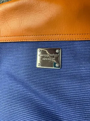 Lauren Ralph Lauren navy blue womens canvas tote satchel brown faux leather thumbnail 4