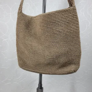 Vintage Sak Crochet Shoulder Bag 10" Dark Tan Nylon Ladies Handbag Pockets thumbnail 11