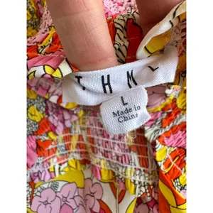 THML Smocked Midi Dress Tropical Floral Tiered Tie Straps Size Large Orange thumbnail 5