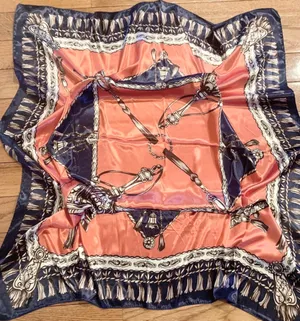 Vintage Large Antique Bells &Tassels blue/orange SQUARE SILKY SCARF 35/35 thumbnail 1