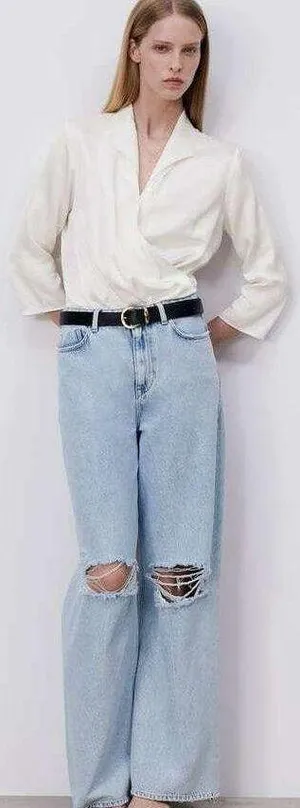 ZARA Light Wash Wide Leg High Waisted Ripped Jeans thumbnail 1
