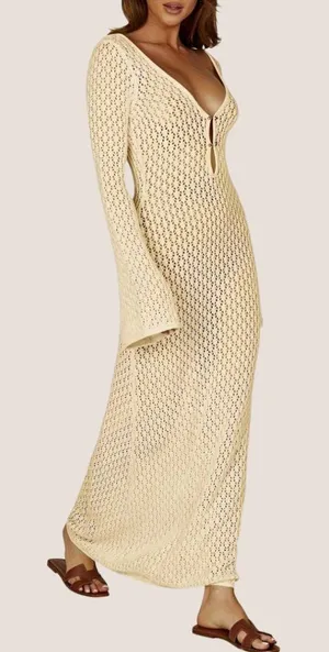 Cream Boho Sheer Knit Lightweight Long Sleeve Midi Dress Cover Up Cottagecore thumbnail 1