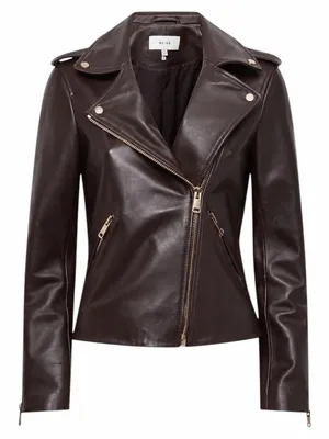 Reiss Leiya Lamb Leather Moto Jacket In Berry Brownish Red Size 4 thumbnail 1