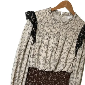 Free The Roses Floral Ruffle Mini Dress Smocked High Neck Tiered Brown Cream S‎ thumbnail 4