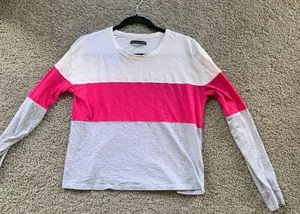 Abercrombie & Fitch White, Pink, and Gray Striped Long Sleeve Size Medium thumbnail 2