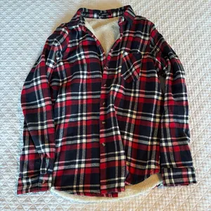 Women Red and Navy Blue Plaid Sherpa Lined Button Down jacket thumbnail 1