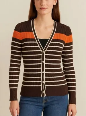 Lauren Ralph Lauren Striped Cardigan Sweater Brown Orange White Women's‎ Large thumbnail 1
