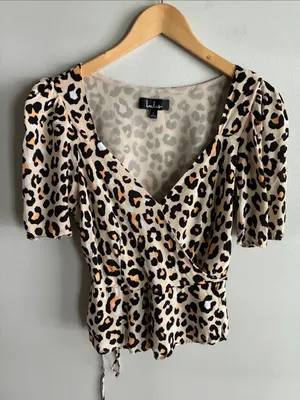 Lulus Leopard Print Faux Wrap Peplum Top Puff Sleeve Size Large thumbnail 2